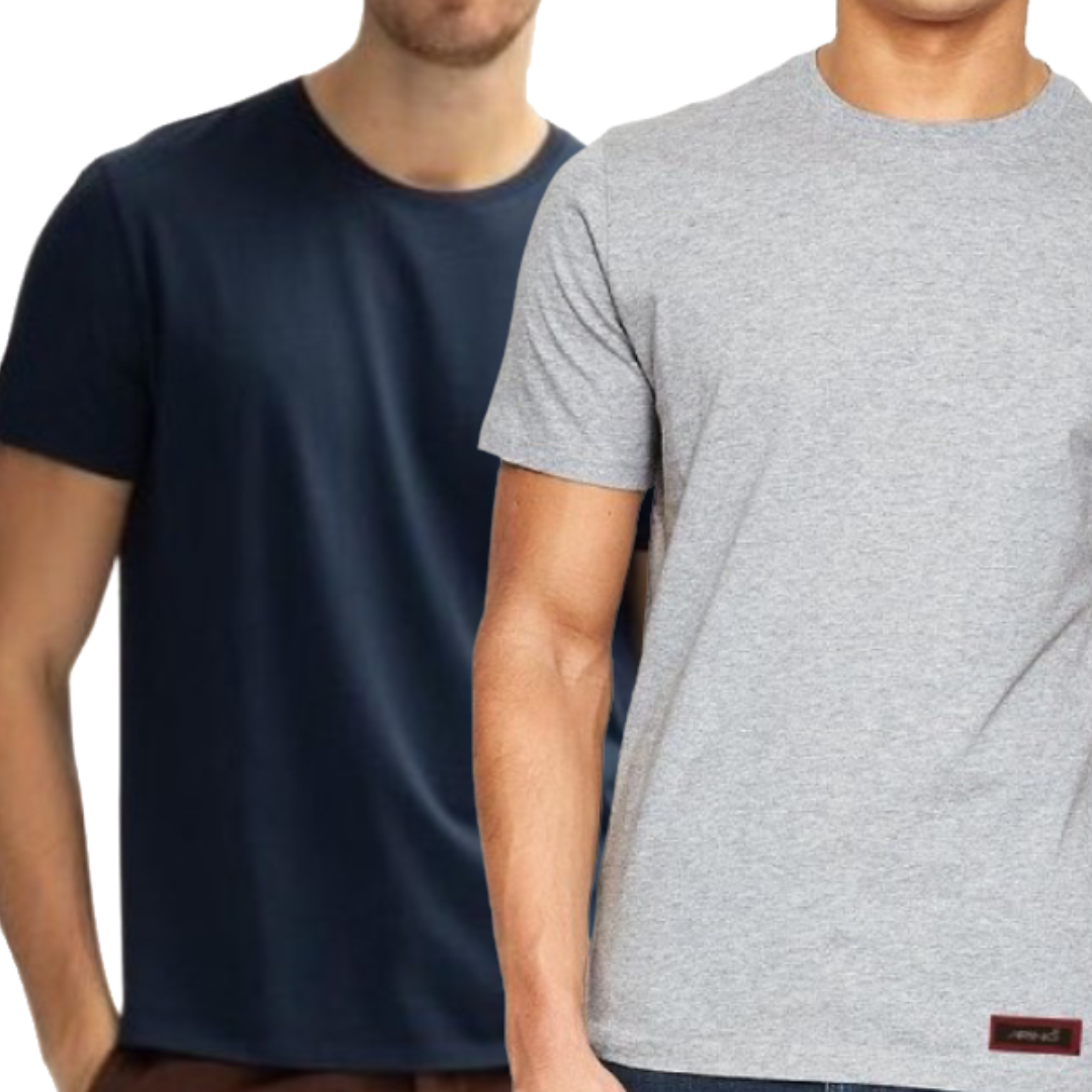 Pack of 2 Men's Round Neck Cotton T-Shirt (Navy Blue & Light Grey)