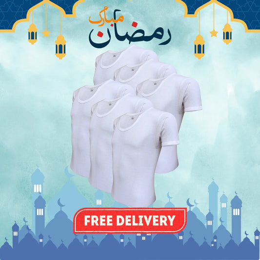 RAMZAN OFFER 12: Pack of 6 Men's Ribbed Vest Half Sleeves (White) CD-60