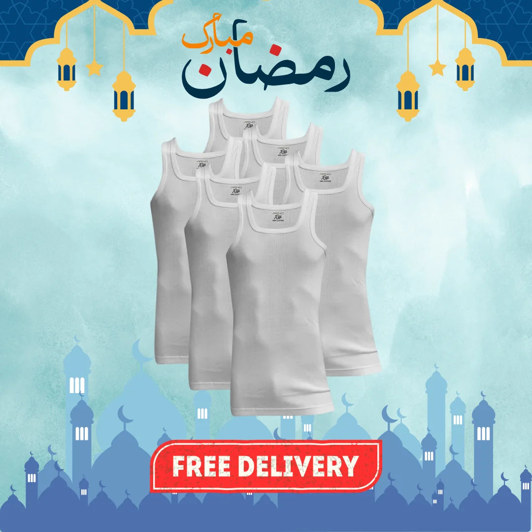 RAMZAN OFFER 4: Pack of 6 Men's Ribbed Vest Sleeveless (White) CD-60