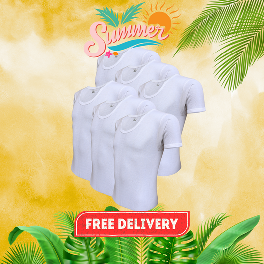 SUMMER OFFER 12: Pack of 6 Men's Ribbed Vest Half Sleeves (White) CD-60