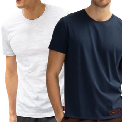 Pack of 2 Men's Round Neck Cotton T-Shirt (White & Navy Blue)