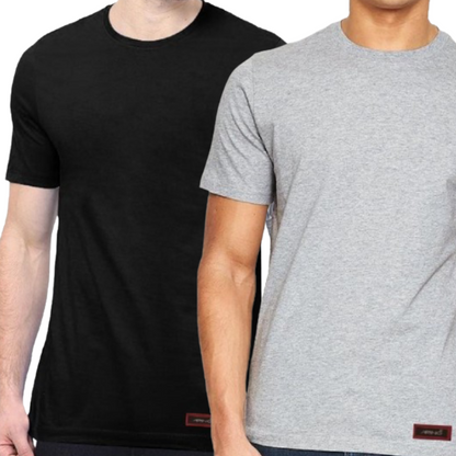 Pack of 2 Men's Round Neck Cotton T-Shirt (Black & Light Grey)