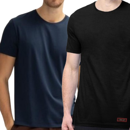 Pack of 2 Men's Round Neck Cotton T-Shirt (Navy Blue & Black)