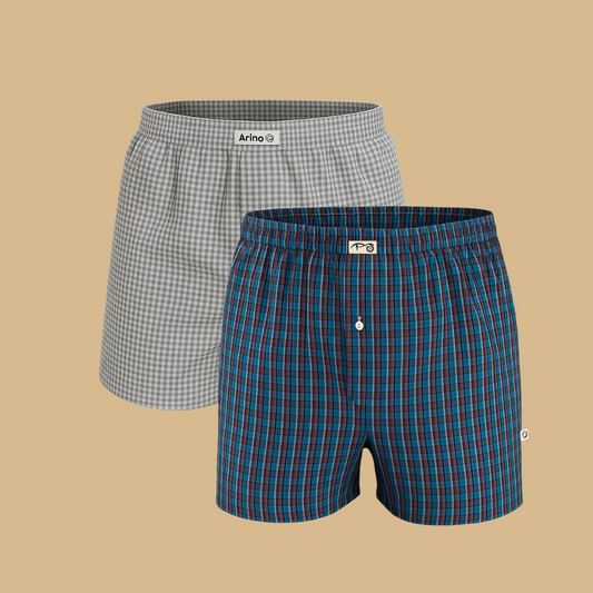 Pack of 2 Men's UB Woven Cotton Boxer Shorts (Light Gray/Blue)