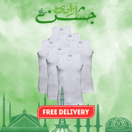 AZAADI OFFER 3: Pack of 6 Men's Checkered Vest Sleeveless (Nain Sukh D-2)