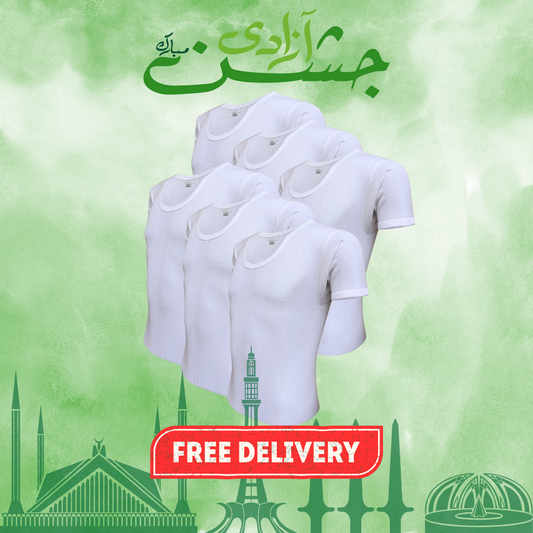 AZAADI OFFER 12: Pack of 6 Men's Ribbed Vest Half Sleeves (White) CD-60