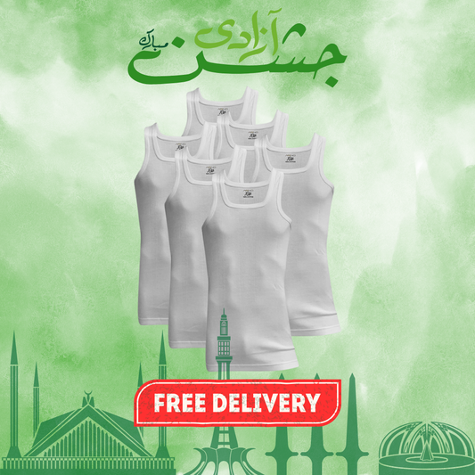 AZAADI OFFER 4: Pack of 6 Men's Ribbed Vest Sleeveless (White) CD-60