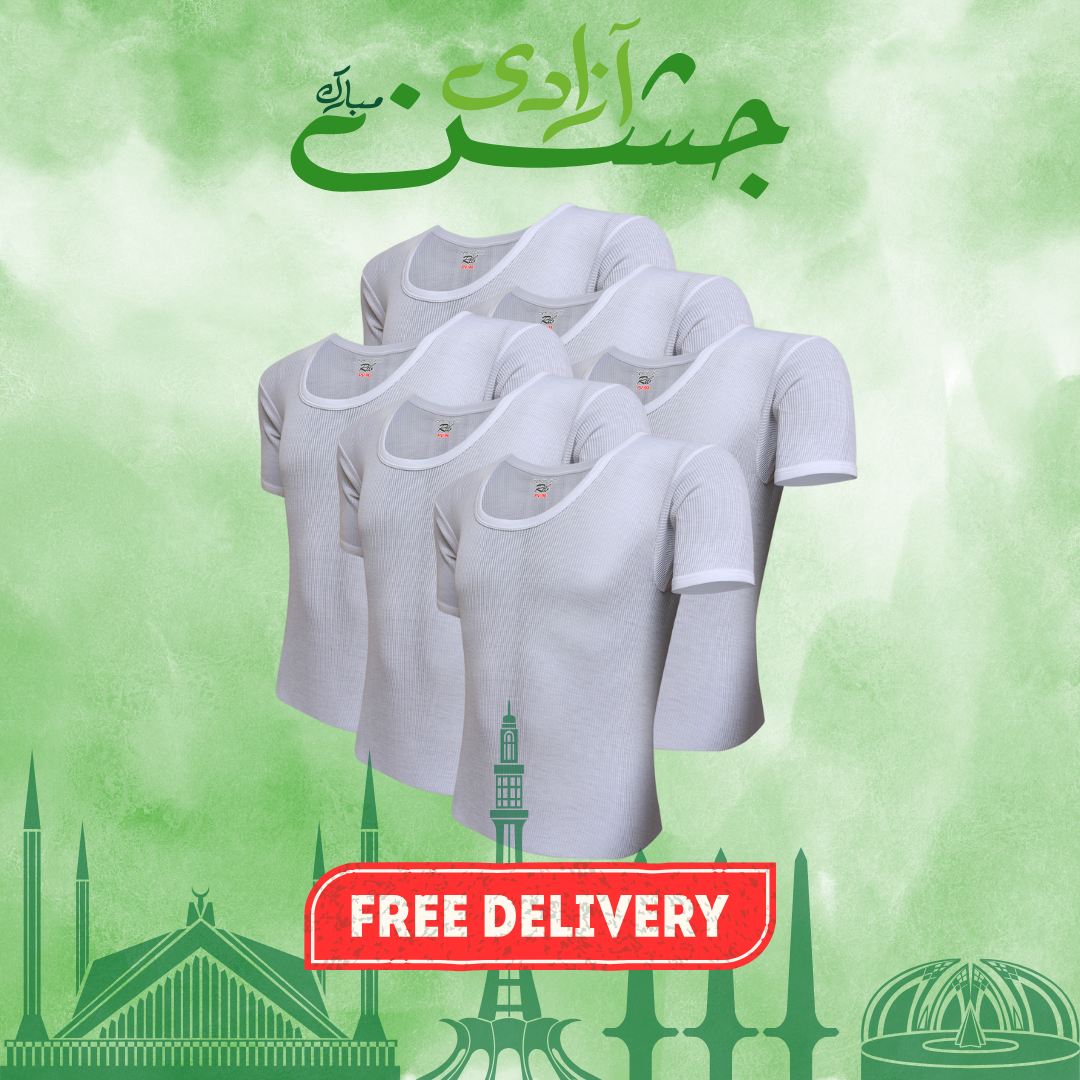 AZAADI OFFER 15: Pack of 6 Men's Ribbed Vest Half Sleeves (PV-90)