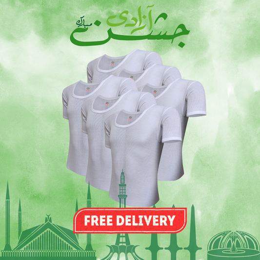 AZAADI OFFER 15: Pack of 6 Men's Ribbed Vest Half Sleeves (PV-90)